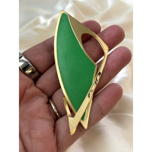 Vintage Modernist Brooch Green Enamel Gold Tone Berebi - Picture 2 of 4